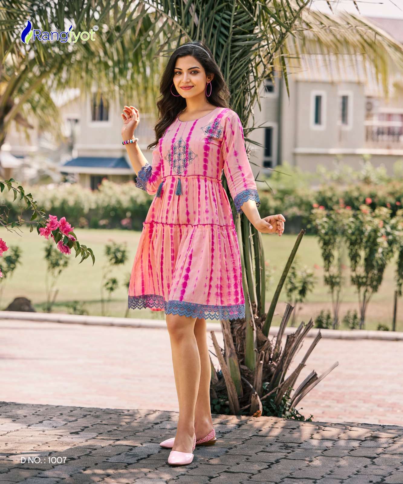 RICHGIRL MULL COTTON SEQUENCE, EMBROIDERY AND HANDWORK FANCY TUNICS WITH SHADES OF SHIBORI PRINT BY RANGJYOT BRAND 1007 (2)